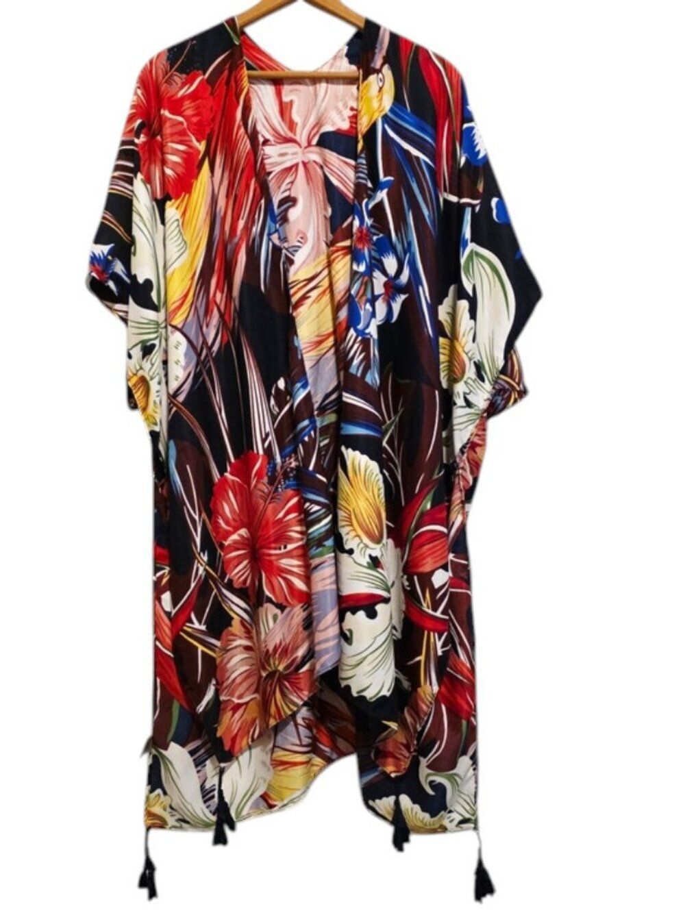 Max Studio Tropical Caftan Kimono Cover Up Floral Birds Resortwear Beach